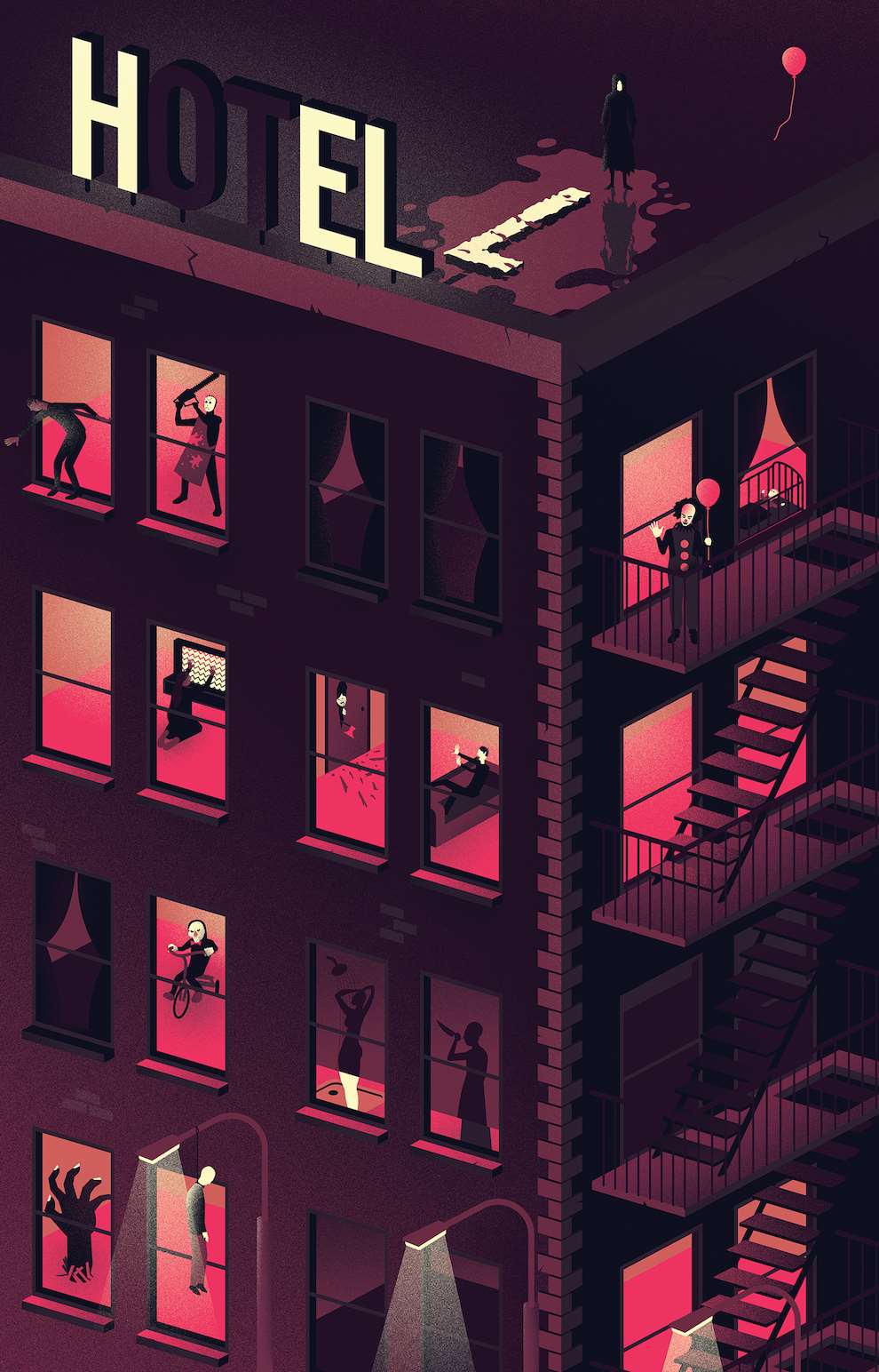 Jack Daly, Isometric digital illustration of a hotel featuring clown characters. 